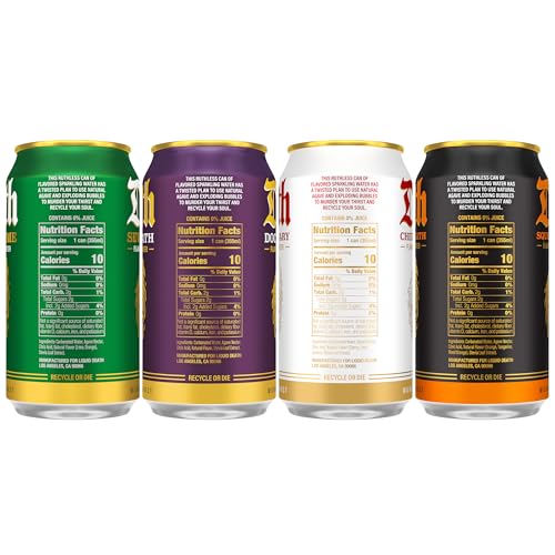 Image of Liquid Death Soda-Flavored Sparkling Water - Fan Favorites Variety, Less Sugar*, Huge Flavor, No Caffeine, No Artificial Sweeteners, 4 Flavors: Lime, Doctor Death, Cherry, and Orange, 12 Fl Oz (Pack of 12)