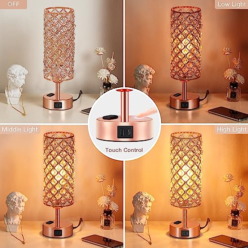 Image of Hong-in Rose Gold Lamp Set of 2, 3-Way Crystal Table Lamp Touch Control with USB-C+A & AC Ports, Dimmable Nightstand Desk Light, Pink Bedside Table Lamp for Bedroom(Bulb Included & Set of 2)