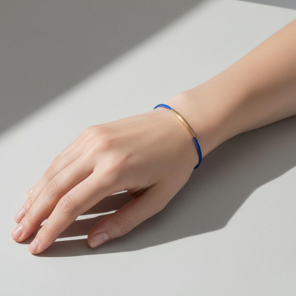 Trendy Blue Cord Bracelet for Women & Girls, Gold-Tone Curved Bar with Slip-Knot Adjustable Closure (JS-B25110502E-A-1)