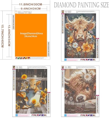 Axquilon Diamond Art Kits for Adults - 3 Pack Highland Cow Diamond Painting Kits for Adults, 5D Round Full Drill Cow Gem Art, Paint by Diamonds Pictures DIY Crafts Kits 12x16inch by Axquilon - Image 4