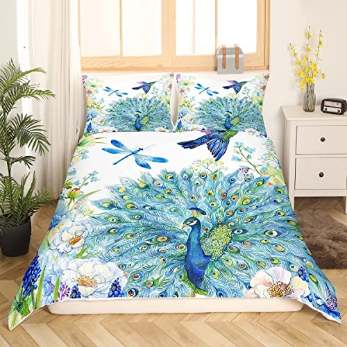 Peacock Duvet Cover Set Hummingbird Dragonfly Comforter Cover Flowers Birds Pattern Bedding Set For Girls Women Navy Blue Floral Animals Fresh Nature Quilt Cover With 2 Pillow Cases King Size - Image 3