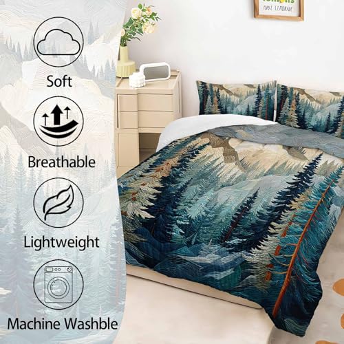 Image of AILONEN Queen Size Comforter Set,Mountains Forest Landscape Art Bedding Set for Room Decor,Lightweight Micorifber Duvet with 2 Pillowcases,3Pcs