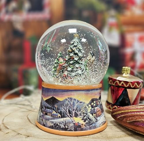 Bola de nieve para decorar árbol de Navidad | Base nostálgica paisaje invernal ocre | con caja de música | bola de agitación decoración navideña | ancho: 10 cm alto: 14 cm | 20273