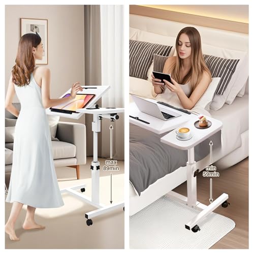 YAQUHO Overbed Table with Wheels Adjustable Height, Tiltable Desktop with Tray, Over Bed Table Rolling Bedside Tables, Medical Mobile Standing Desk, for Hospital Office Bedroom Sofa, White