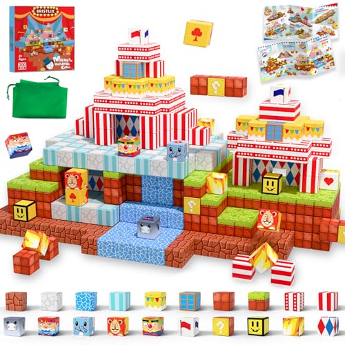 BRISTLIX 200PCS Magnetic Building Blocks with Storage Bag, 0.8in Joyful Circus STEM Magnet Cubes, Creative Construction Magnetic Blocks, Ideal Gift for Boys & Girls Age 3-12 Magnetic Cubes