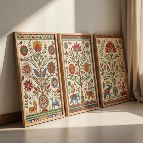 Image of Livin'luxe Indian Folk Art Floral Wall Painting Set of 3 with Wooden Frames | Traditional Ethnic Artwork HD Sparkle Laminated MDF Wall Decor | Boho Botanical Wall Art for Living Room Bedroom Decor