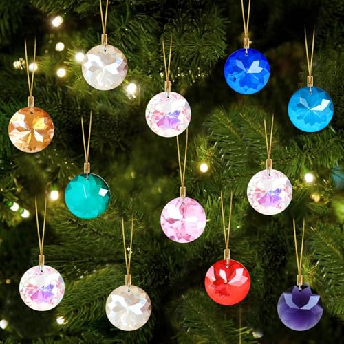 LOMOHOO Bolas de Navidad de cristal, 12 unidades, bolas de Navidad, cristales para colgar, adornos para árbol de Navidad, 3 cm, cazadores de sol creadores de arcoíris, decoración navideña para Navidad