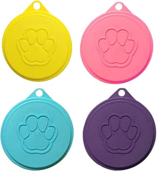 Medsuo 4pcs Dog Can Covers Pet Food Can Plastic Lids Caps for Tins Dog Cat Puppy Can Covers Reusable Sealed Tin Covers Lids for Pet Food Storage Yellow, Blue, Purple, Pink