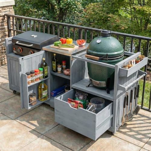 Image of Merax 80.5 inch Outdoor Kitchen Island for Big Green Egg& Blackstone Griddle, Solid Wood Grill Cart Table with Stainless Steel Top, Drawer for Large Big Green Egg and 21 inch /28 inch Blackstone Griddle, Grey Blue