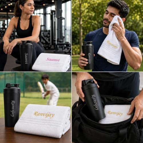 Image of SAVRI Personalized Gifts Customized Stainless Steel Protein Shaker Bottle 750ml with Mixing Ball & White Towel Combo set | Best Gift for Gym Lover, Fitness Lover, Men & Women