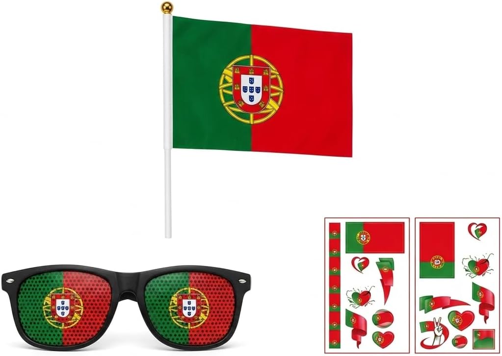 World Cup Fan Kit, 7-Piece Set with Handheld Flag, Patriotic Glasses & 5 Tattoo Sheets for Sports Events