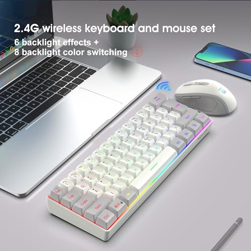 Image of Snpurdiri 2.4G Wireless Gaming Keyboard and Mouse Combo, Include Mini 60% Mechanical Feel RGB Backlit Keyboard, Ergonomic Vertical Feel Small Wireless Mouse(Grey and White)