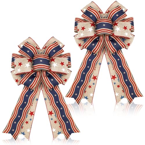 Moucuny 2 Pcs Patriotic 4th of July Bows Burlap Red White Blue Stars Tree Topper American USA Flag Wreath for Indoor Outdoor 250th Anniversary Independence Memorial Party Decoration(Rustic)
