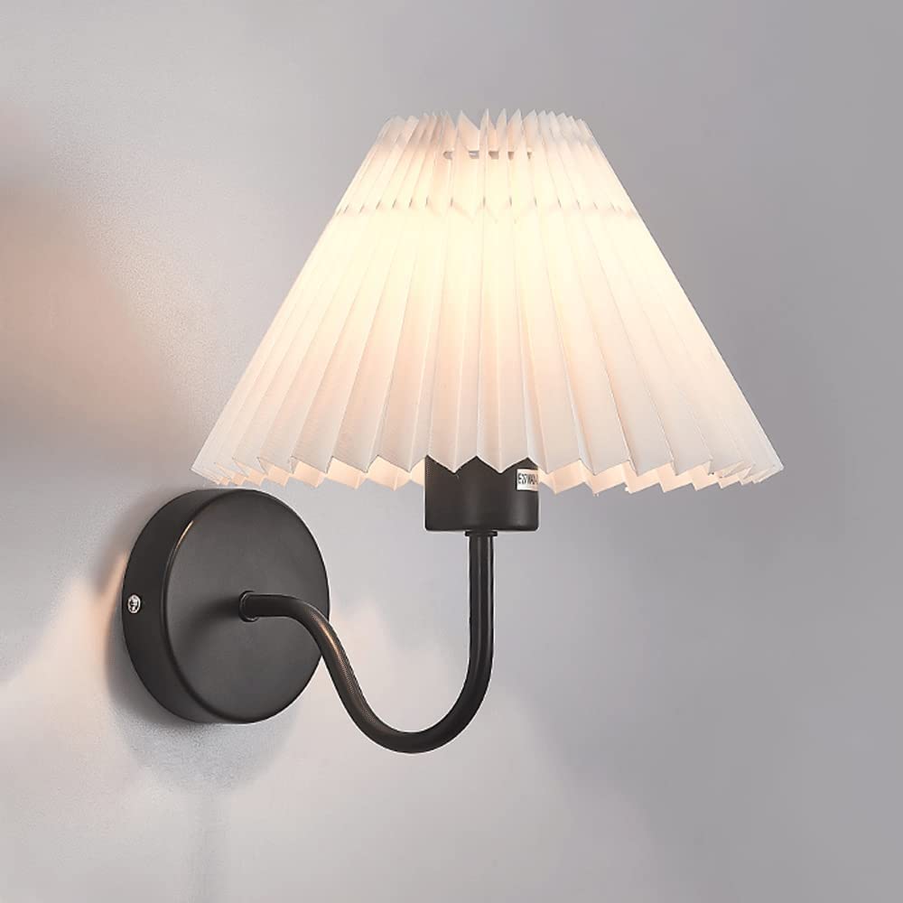 HYJAUSXB Rustic Wall Sconce Gooseneck Lighting, Bedside Lamp with Pleated Fabric Shade, French Retro Mounted 1-Light Fixtures for Bedroom Living Room (Black)