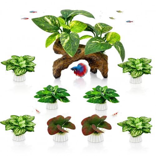 Image of 9-Pack Silk Aquarium Plants & Driftwood Cave Fish Tank Decor Accessories | Soft Silk Plants Aquarium Decorations, Fish-Friendly, Small Fish Tank Decorations for Betta, Shrimp, Cichlid Tank & Reptiles