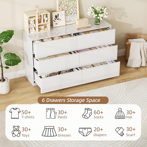 Image of White Wood Dresser, 6 Drawer Dressers for Clothes Storage for Bedroom, Modern Dresser with Wide Drawers, Wide Wooden Chest Drawers for Living Room, Entryway, TV Stand