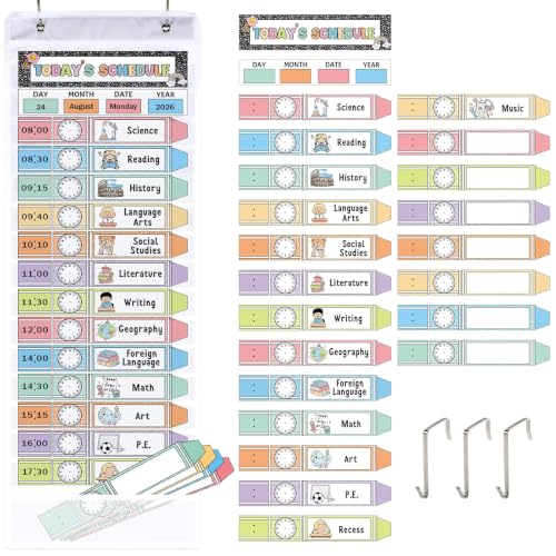 Reusable Daily Visual Schedule Chart with Pocket Kit Pastel Crayon Notebook Classroom Decor 13+1 Pockets Scheduling Chart with 23 Cards Management Routine Calendar for Back to School Office Wall Door