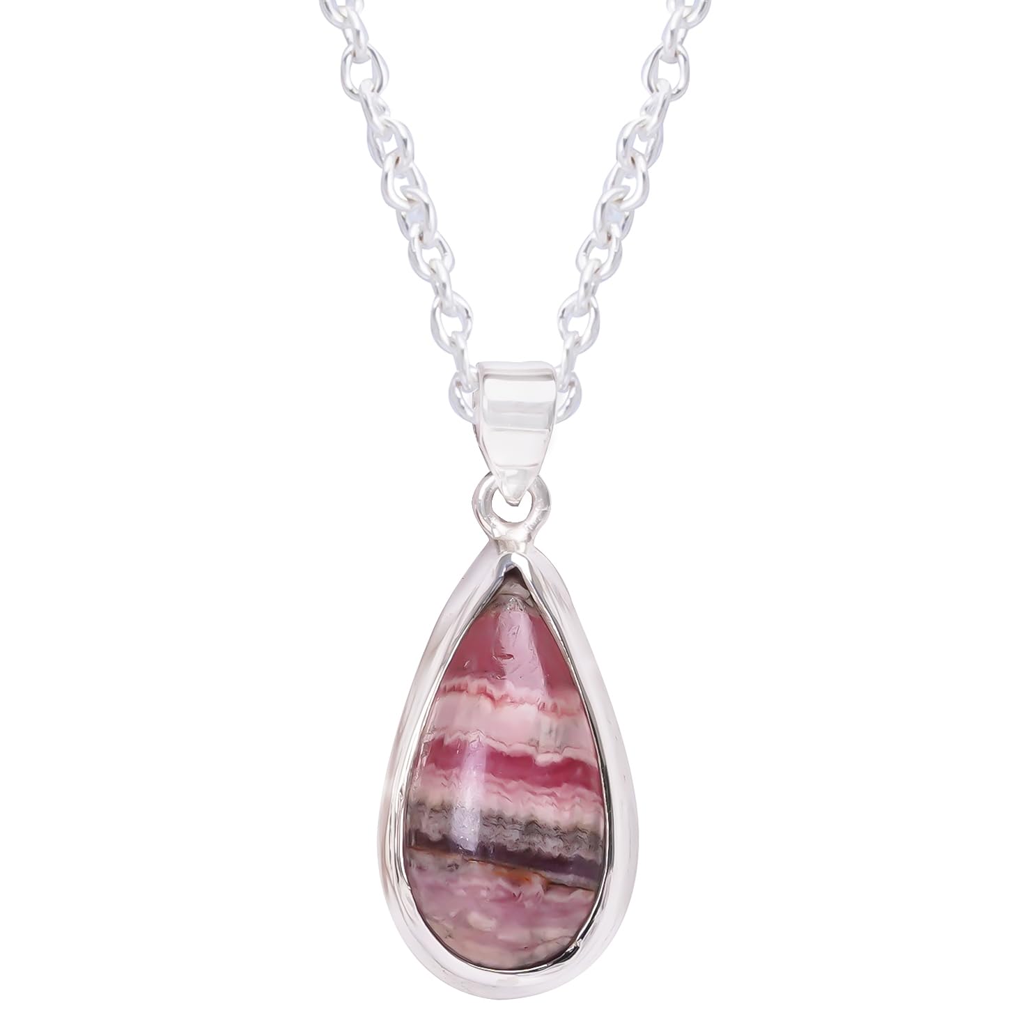 Natural Real Rhodochrosite Crystals Bezel Pear Pendant Necklace, Polished Birthstone, Healing Cabochon Gemstone, Jewelry, 925 Sterling Silver Jewelry 18 inch