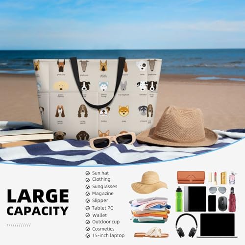 FLYIFE Bedruckte Strandtasche mit Hundemotiv, große Kapazität, Schultertasche für Damen, mit 7 Taschen, faltbar, Schwarz , Einheitsgröße