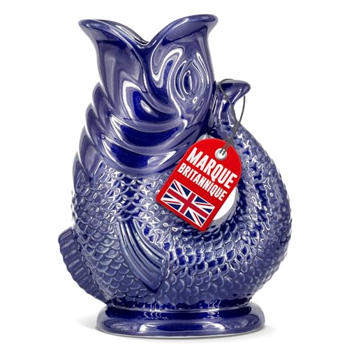 Carafe Glouglou Poisson Bubble Jug, Vase Pichet Bleu Cobalt Foncé, Très Grand Pichet 1,5 Litre, Pièce Décoration Maison en Céramique pour les Cocktails, l'Eau et le Gin