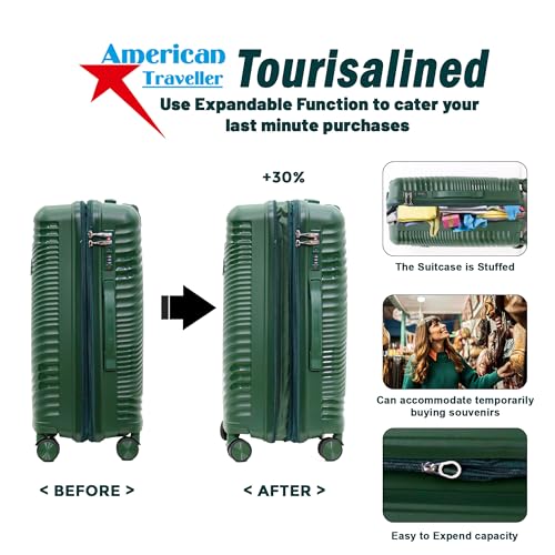 Image of AMERICAN TRAVELLER Tourisalined Trolley Bag| Polypropylene Hard Shell Luggage | Waterproof & Expandable Suitcase for Travel | 8 Smooth Spinner Wheels | Durable Travel Trolley Bag Set (24, Dark Green)