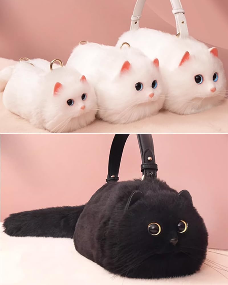 Micotaku Kawaii Cat Shaped Purse - Soft Faux Fur Cat Purse Crossbody Bag for Women Cosplay Halloween (Black/White/Gray) - Image 9
