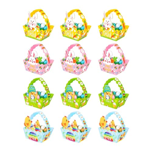harayaa Paniers de Pâques, 12 Pièces de Paniers-cadeaux avec Poignée à Assembler, Panier à œufs de Pâques en Papier pour Enfant, Famille