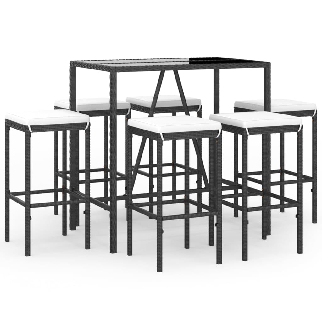 Salon de jardin haut 7 pièces en polyrotin noir et coussins premium