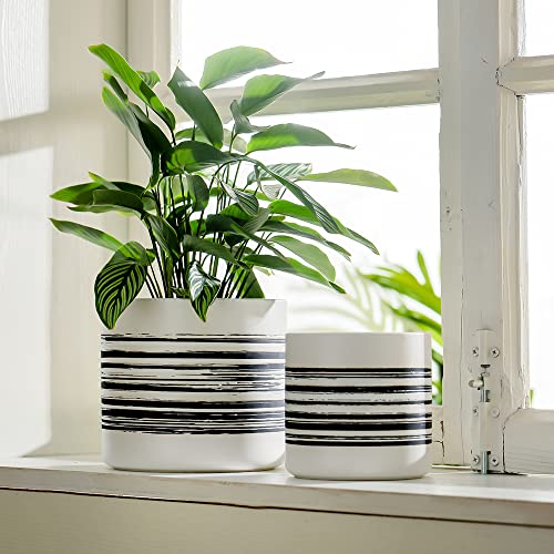 Nihow Trendy Ceramic Plant Pots - 4.5 + 6 Inch Elegant Flower Pot For All Indoor Plants - Sturdy Planter Pots With Drainage Hole & Rubber Plugs - Semi-Matte White & Black- Plants Not Included #TOP3