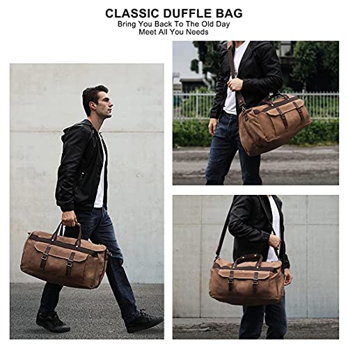 Duffle Bag for Men Waterproof Genuine Leather Canvas Travel Duffel Bags for Women Overnight Weekender Bag for Traveling, Brown