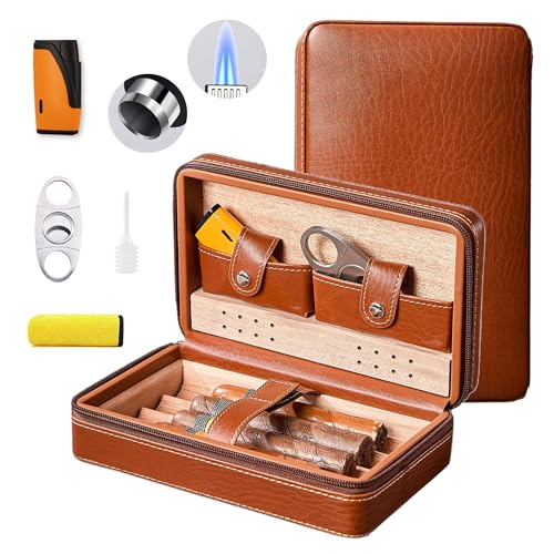 WANTHER Leather Cigar Case, Travel Humidor Holds 4 Cigars, Brown Cedar Wood Box with Cigar Cutter, Humidifier, Lighter & Towel, Portable Cigar Holder for Men, Office & Travel Gift Set, Ideal for Home