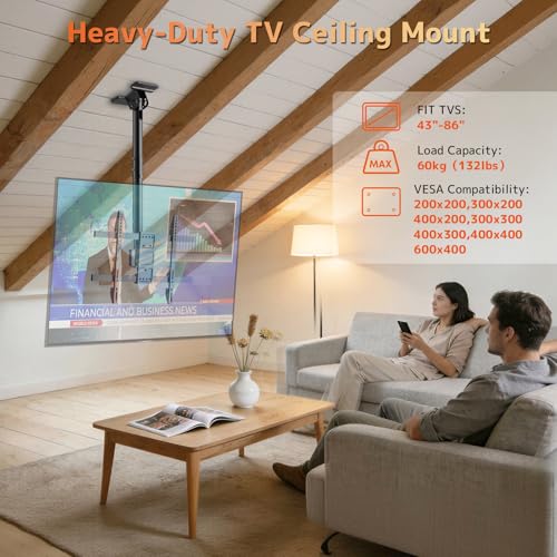 Ceiling TV Mount for 43-86 Inch, Hanging TV Mount Supports up to 132lbs, Hanging Adjustable Ceiling Bracket Fits Most LCD LED OLED 4K TVs, Max VESA 600x400mm, Black by PUTORSEN - Used condition - Image 2