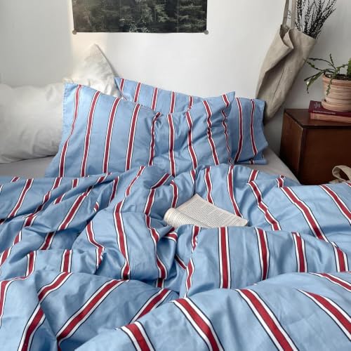 Image of Nayoroom Striped Duvet Cover Queen Coastal Blue Red Stripe Bedding Set