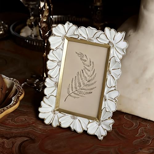 Image of Antique Floral Picture Frame - Resin & Glass Victorian-Style Frame for Tabletop or Wall Decor (White, 5 inch x 7 inch)