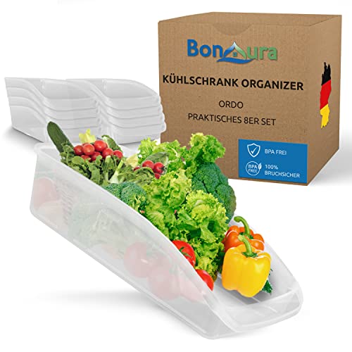 BonAura® Kühlschrank Organizer Set (8er Pack) - Große Fridge Organizer Boxen - Ordnungssystem für Kühlschränke - Aufbewahrungsbox Ordnung Cover