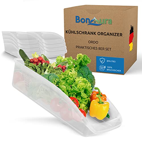 BonAura® Kühlschrank Organizer Set (8er Pack) - Große Fridge Organizer Boxen - Ordnungssystem für Kühlschränke - Aufbewahrungsbox Ordnung