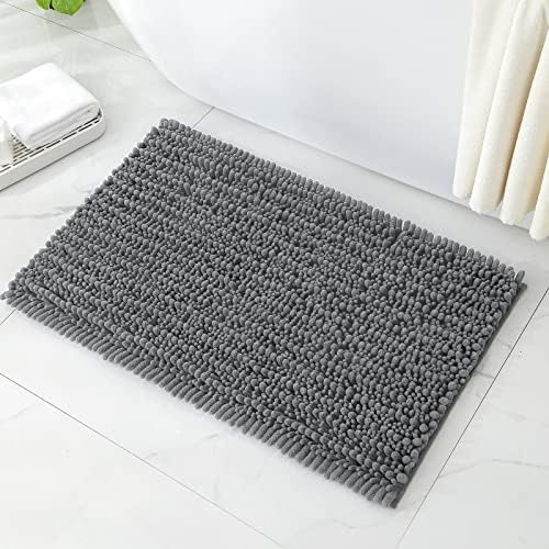 HOMEIDEAS Bathroom Rug 20x32 inch, Striped Chenille Super Soft and Absorbent Bath Mat with Non Slip Pad, Grey
