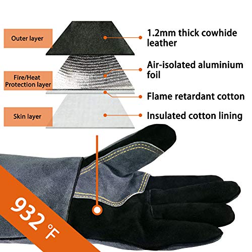 16 Inches,932℉,Leather Welding Gloves, Heat/Fire Resistant,Large Mitts for BBQ,Oven,Grill,Fireplace,Tig,Mig,Forge,Baking,Furnace,Stove,Pot Holder,Animal Handling Glove.L Black-gray - Image 3