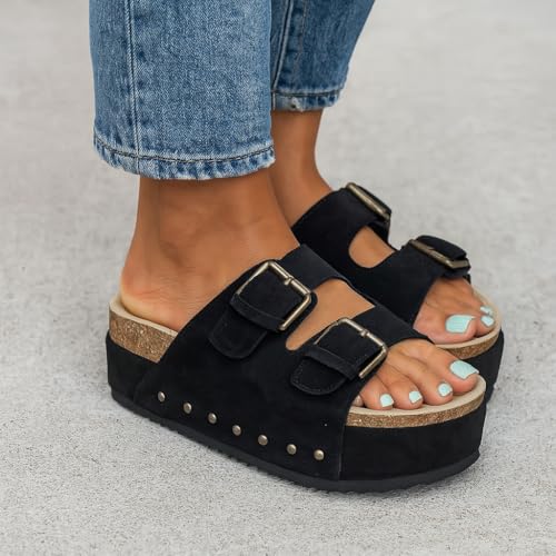 CUSHIONAIRE Guru Platform Sandals Women Footwear – Comfortable Genuine Leather Footbed Studded Chunky Slide Summer Sandals for Women 20254