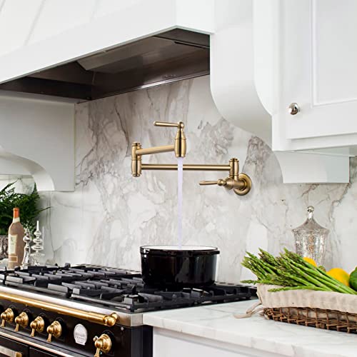 Gold Pot Filler, Arcora Pot Filler Faucet Wall Mount Kitchen Folding Faucet 2 Handle With Double Joint Swing Arms Brass Stove Faucet #TOP1