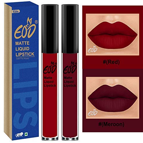 EOD Elite Collection Long Lasting Waterproof 100% Vegan Made in India Matte Liquid Lipstick Combo of 2 Lip Gloss(Red, Maroon)-image-34