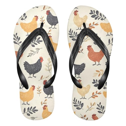 ALAZA Rooster Leaves Hen Chicken Farm Animal Flip Flops for Women Fashion Beach Slippers Comfort Mens Flip Flops Non-Slip Rubber Shower Slippers Sandal for Hotel Travel Sport,XS