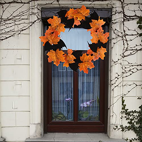 14" Small Fall Leaves & Bats Halloween Wreath for Front Door Home Decor (Orange) - image 2