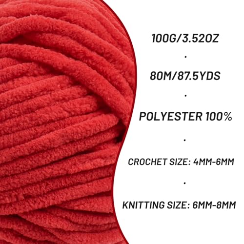 Image of 3 Pack Fluffy Chenille Yarn for Crocheting, Chunky Velvet Yarns for Crochet Amigurumi, Baby Yarn for Crocheting Soft Blanket, 262.4yds /10.5 oz Bulky Yarns for Crafts /Hats /Shoes /Socks (3 Red)