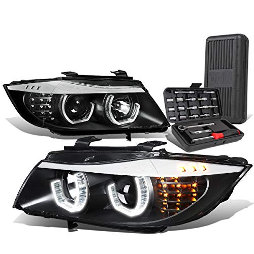 [Halogen Model] 3D Dual Crystal Halo LED Turn Signal Projector Headlight Lamps Assembly and Tool Kits Compatible with BMW E90 3-Series 05-08, Driver and Passenger Side, Black Housing Clear Lens