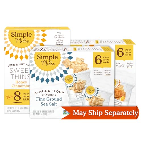 Simple Mills Almond Flour Crackers Fine Ground Sea Salt, Almond Flour Crackers Farmhouse Cheddar, and Honey Cinnamon Seed &amp; Nut Flour Sweet Thins Snack Packs, Good for Healthy Snacks (Pack of 3)