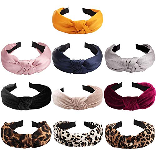 VELSCRUN 10 Pcs Womens Headbands Knotted Headbands for Women Turban Headbands for Women Elastic Knot Headbands Silk Headband Hair Accessories for Women Hair Bands with Solid Colors