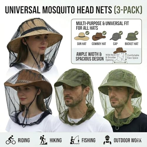 3 Paquetes de Red para la Cabeza contra Mosquitos con Cordón Ajustable, Protector de Malla para la Cara para Pesca, Camping y Actividades al Aire Libre miniatura 4