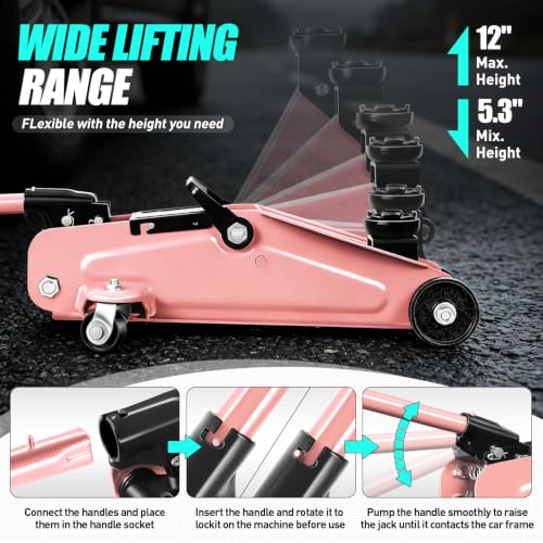 Image of DNA Motoring 1.5 Ton Car Floor Jack Low Profile Hydraulic Trolley Service /Floor Jack, 1.5T / 3000 lbs Capacity, Lifting Range 5.3 Inch -12 Inch, with Storage Case, Pink, TOOLS-00327-PK