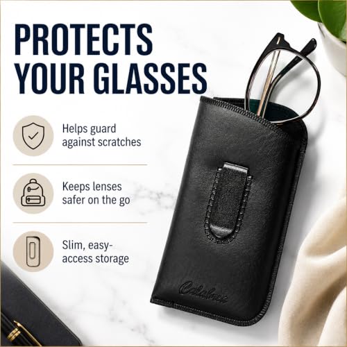 Image of Calabria Slim Eyeglass Case with Felt Lining -Black W /Clip PU Leather | Soft Slip-In Glasses Sleeve | Pocket Clip Option | Protective Slim Eye Glasses Case Soft Pouch